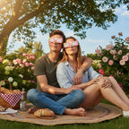 A couple enjoys a sunny picnic wearing Coldsoup eclipse glasses, sharing a peaceful moment together, perfect for August 12, 2026.