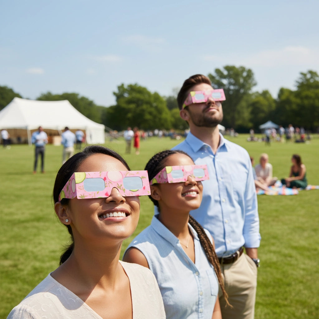 Colleagues at a summer event wearing Coldsoup eclipse glasses, looking up with wonder, perfect for August 12, 2026.