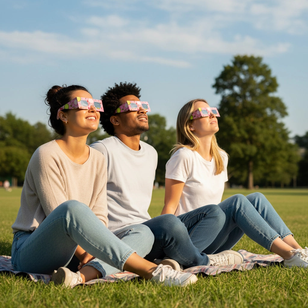 Three friends in a park wearing Coldsoup eclipse glasses, looking up with awe in the bright afternoon sun, great for 12 August 2026.