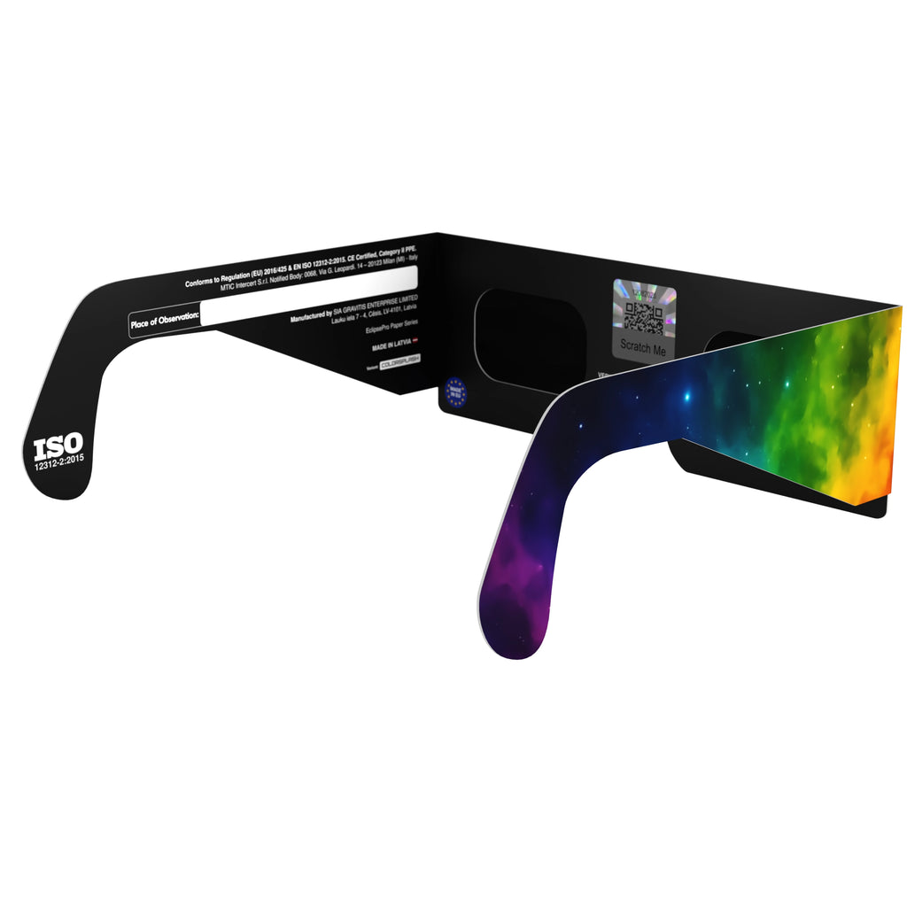 Back-side angle view of Colorsplash eclipse glasses with a QR authenticity sticker visible.