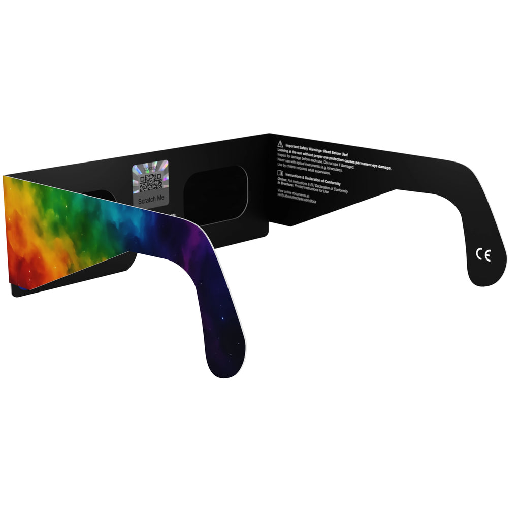 Back-side alternate angle of Colorsplash eclipse glasses with QR authenticity sticker visible.