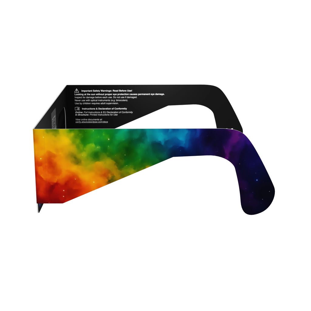 Side alternate profile view of Colorsplash solar eclipse glasses, showcasing their colorful design.