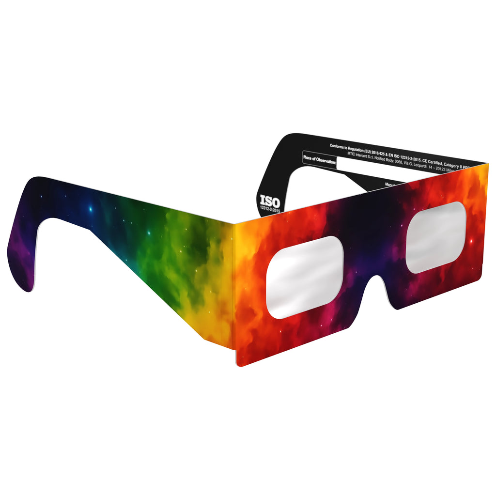 Front-side angle view of Colorsplash eclipse glasses, showcasing their colorful design and flat lenses.