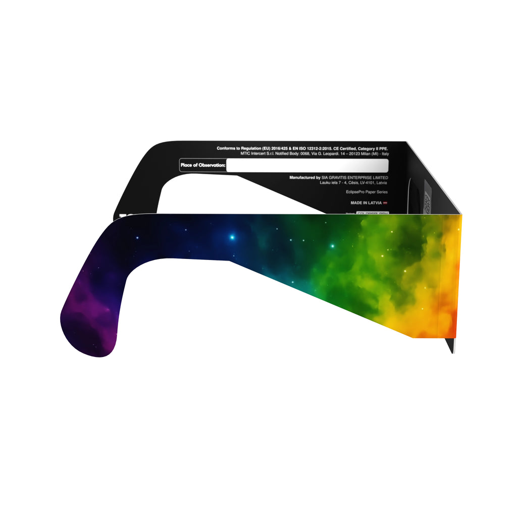 Side profile view of Colorsplash glasses, emphasizing the vibrant pattern and flat lens structure.