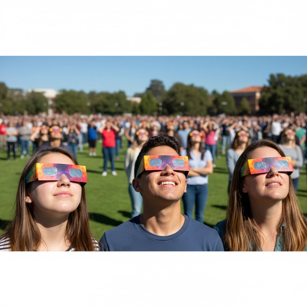 Diverse crowd at a public viewing event wearing Colorsplash glasses, sharing excitement under the bright sky.
