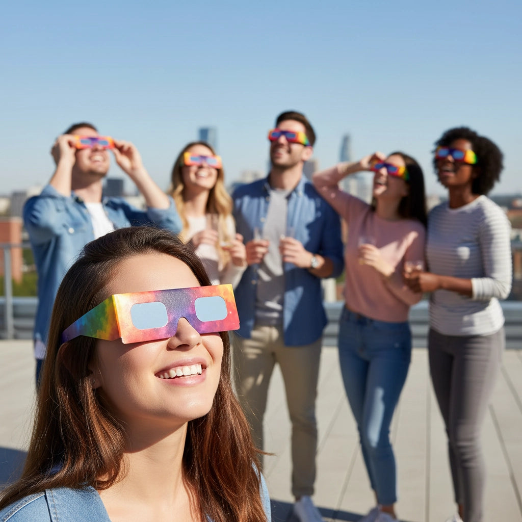 Friends at a rooftop party wearing Colorsplash glasses, sharing joy under a clear blue sky on a sunny day.