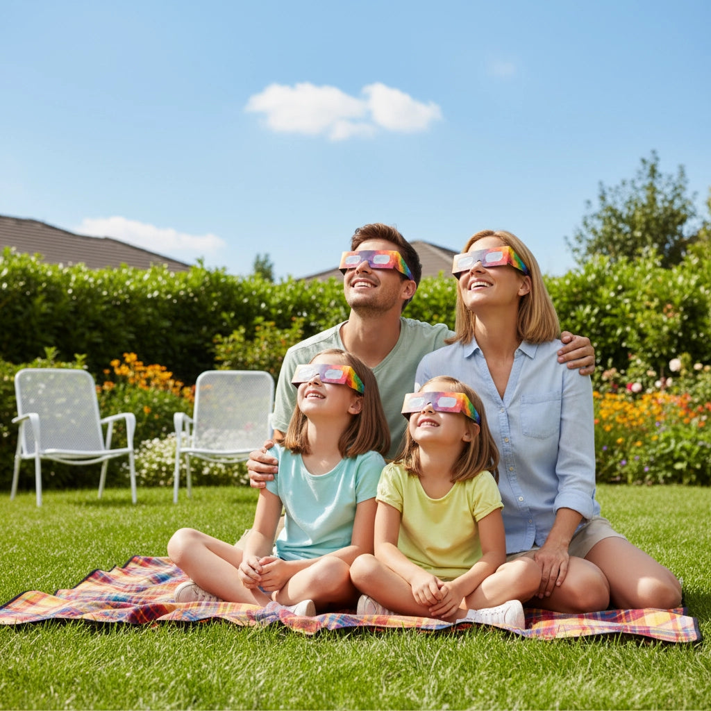 Family of four in a backyard wearing Colorsplash glasses, enjoying a bright day together while looking up.