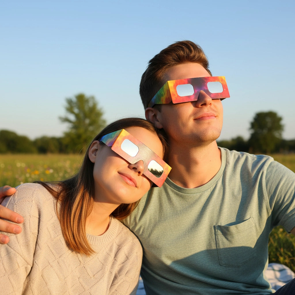 Young couple on a picnic wearing Colorsplash eclipse glasses, sharing a moment of awe under the blue sky.