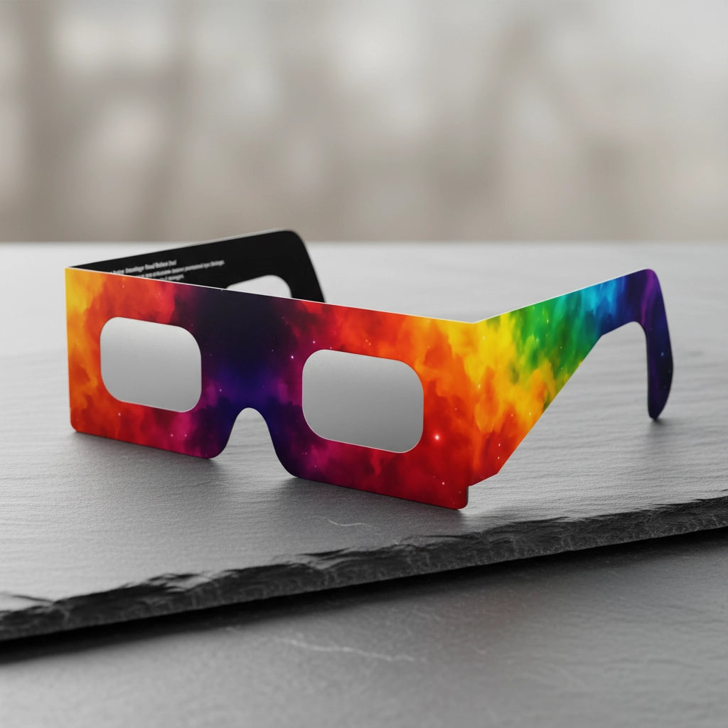 Close-up of Colorsplash solar eclipse glasses on slate rock, showcasing their vibrant splash design.