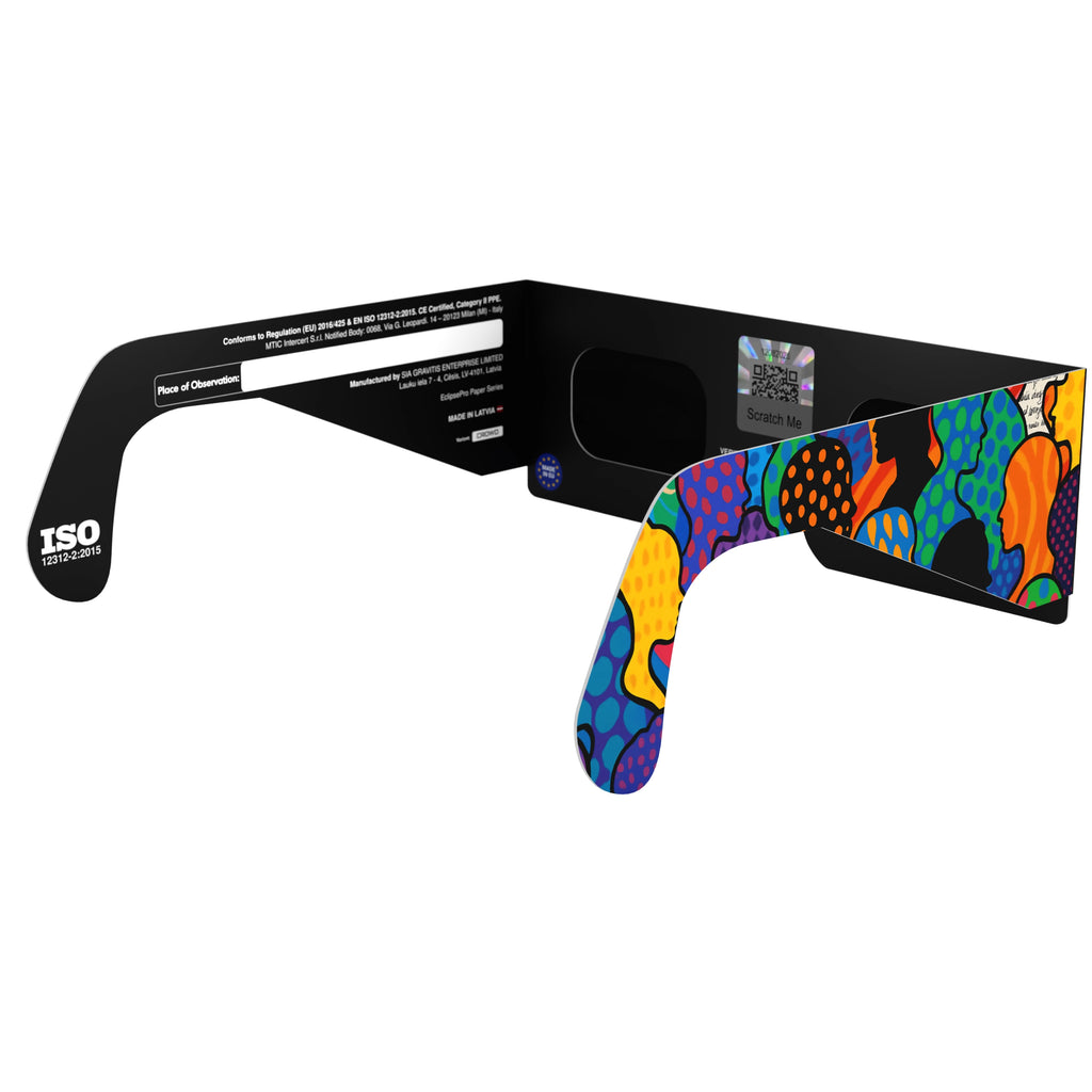 Back-side angle view of the crowd design solar eclipse glasses, showing crisp lines and detail, with QR sticker visible.