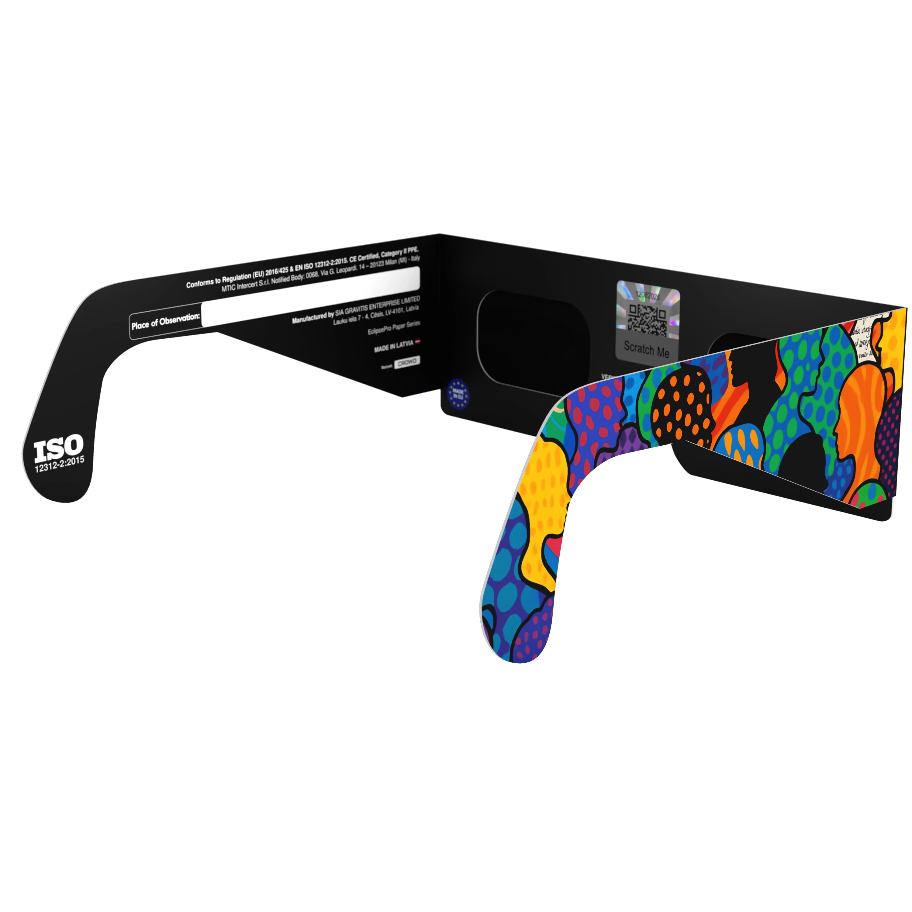 Back-side angle view of the crowd design solar eclipse glasses, showing crisp lines and detail, with QR sticker visible.