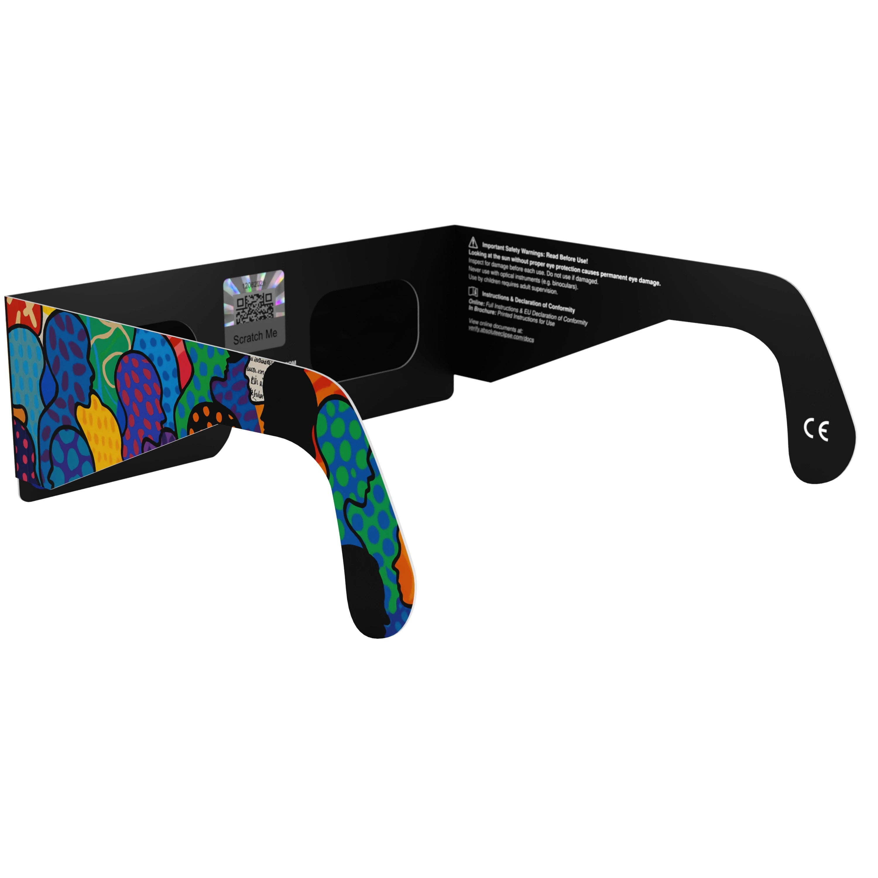 Back-side alternate angle view of the crowd design solar eclipse glasses, showcasing the design and QR sticker.