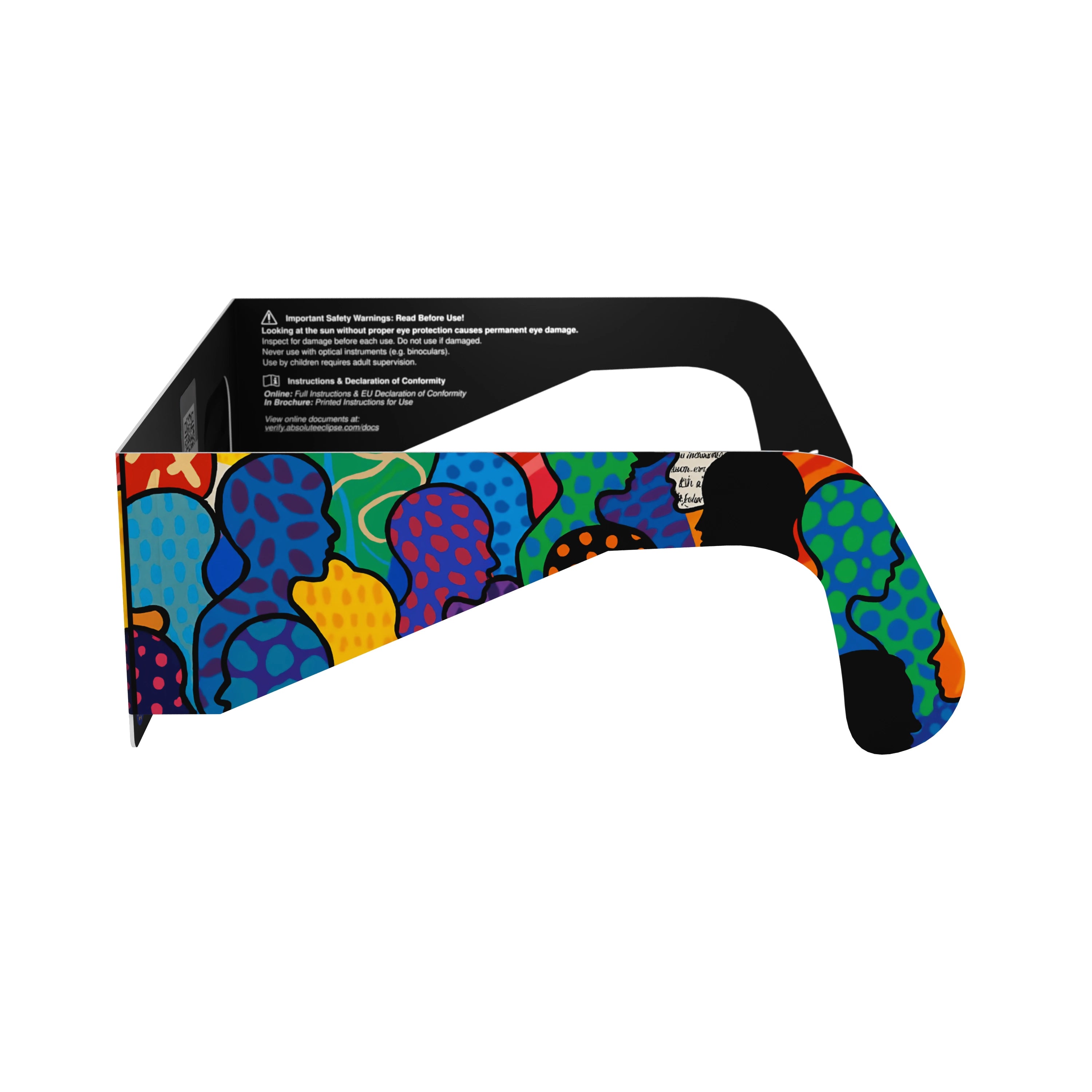 Side alternate profile view of the crowd design solar eclipse glasses, illustrating the flat lens and overall design.