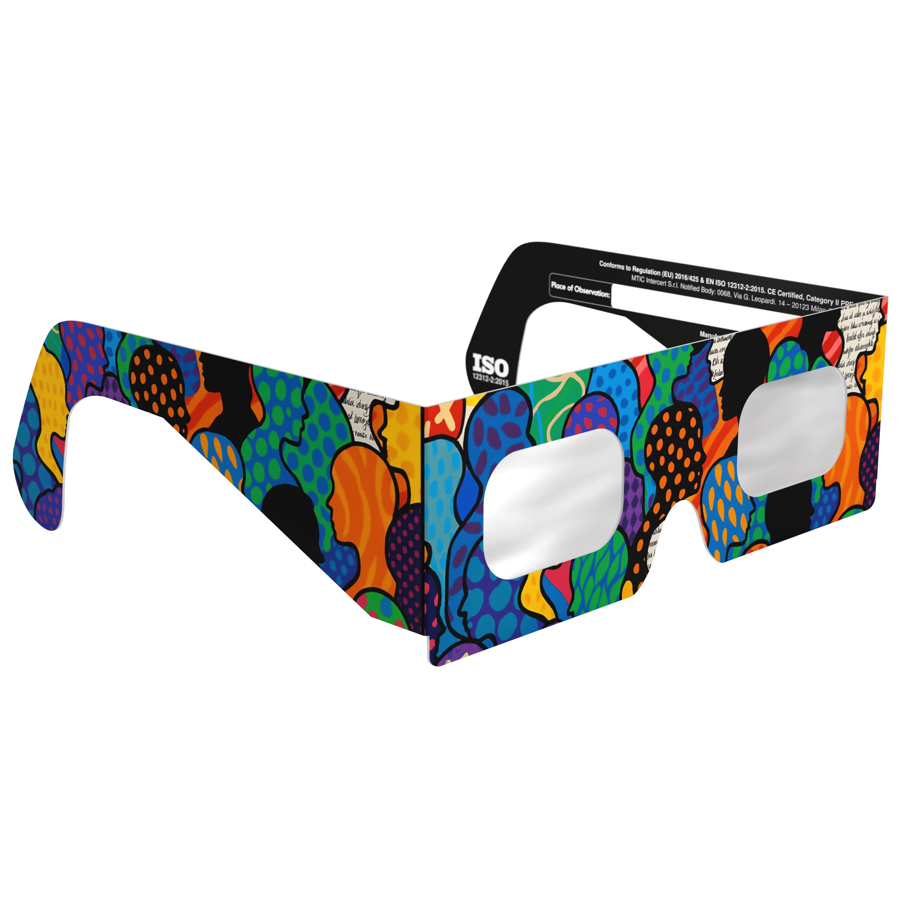 Front-side angle view of crowd design solar eclipse glasses, emphasizing the smooth lens surface and sleek design.