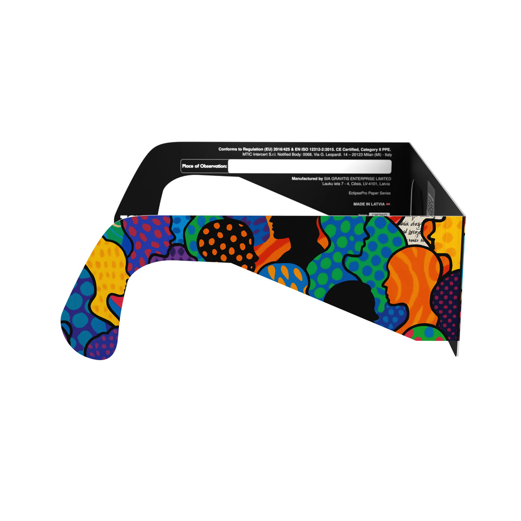 Side profile view of the crowd design solar eclipse glasses, highlighting the flat, non-reflective lens surface.