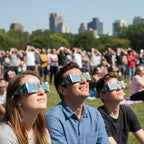 A large crowd in a park for a public event, with individuals in front wearing crowd design eclipse glasses, sharing a moment of community.