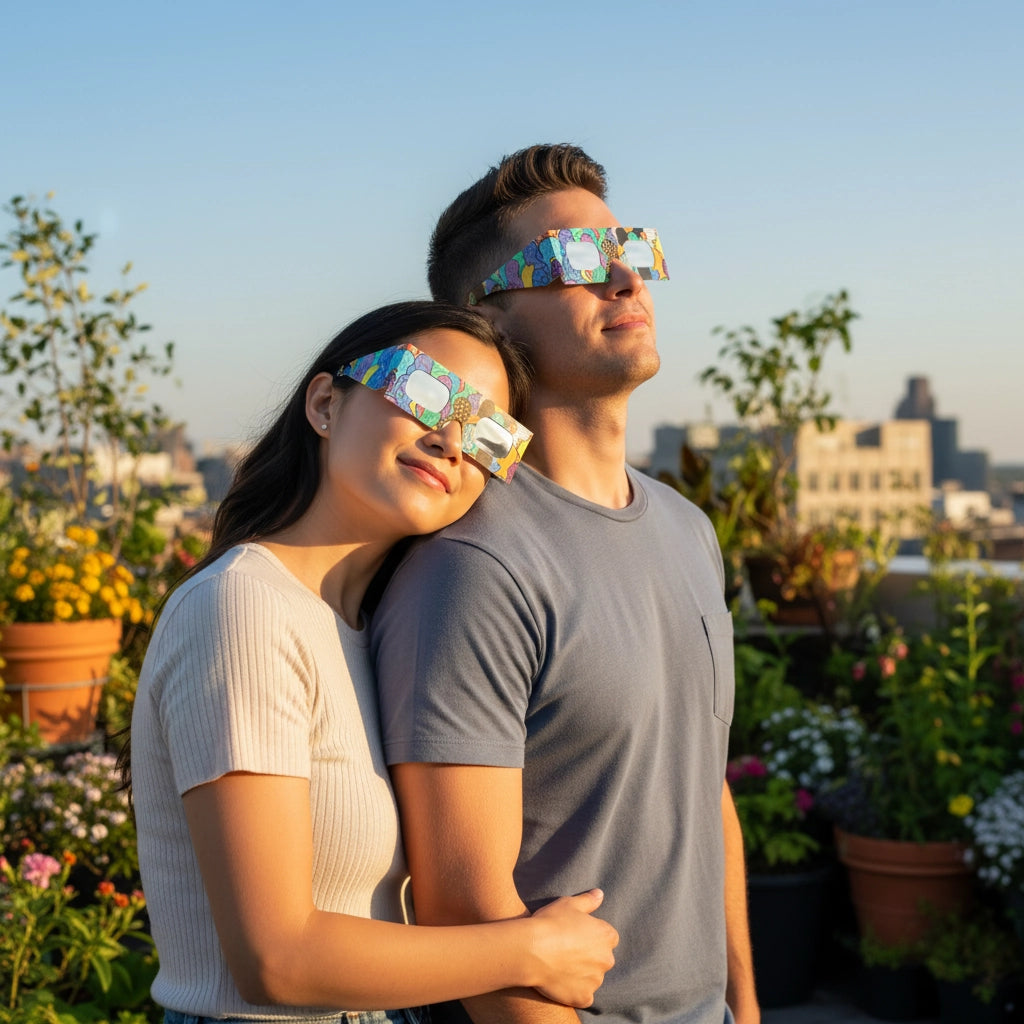 An intimate moment of a couple on a sun-drenched rooftop, both wearing crowd design eclipse glasses, looking up at the sky. CE certified.