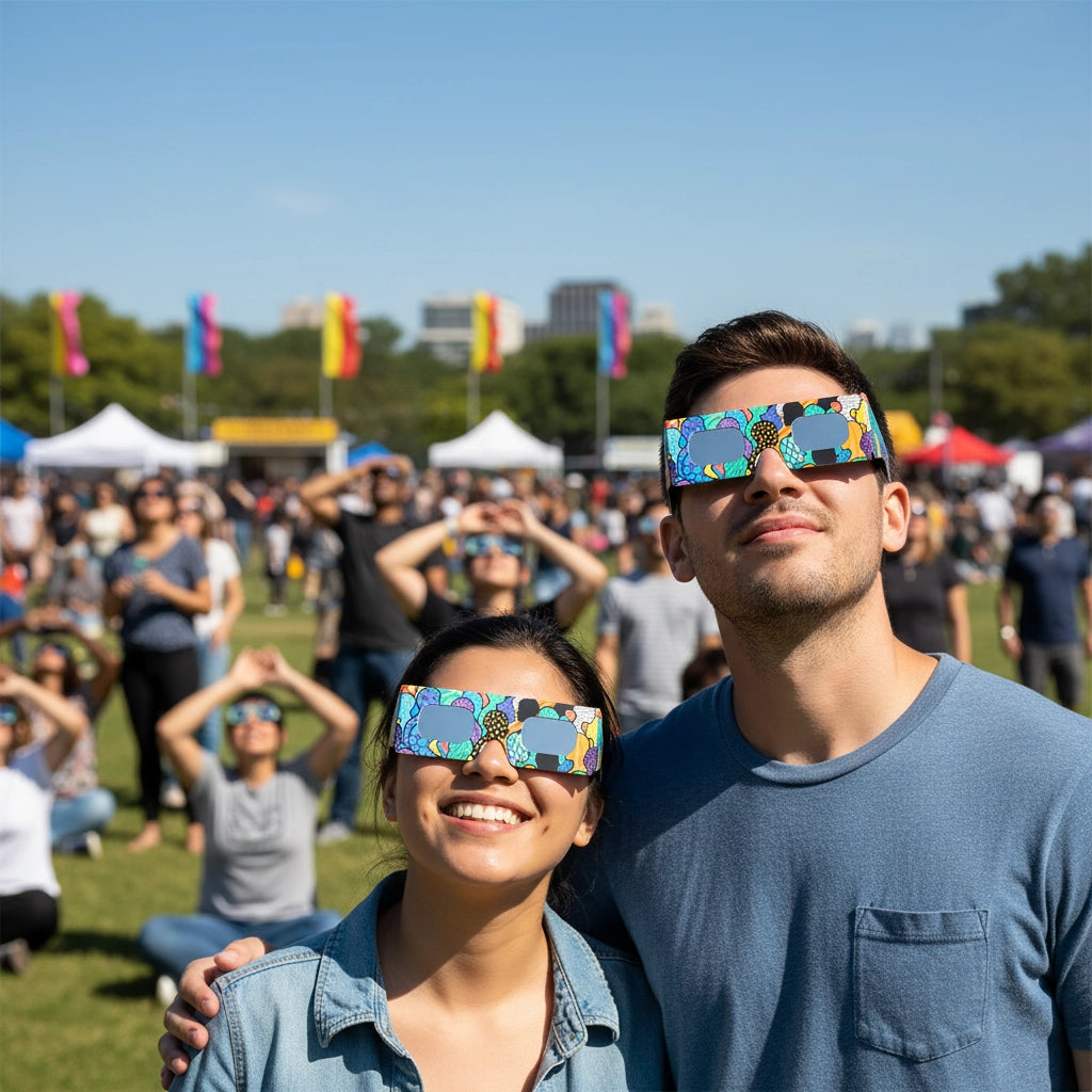 A diverse group at a community festival, wearing crowd design eclipse glasses and looking up, capturing the joyful atmosphere.