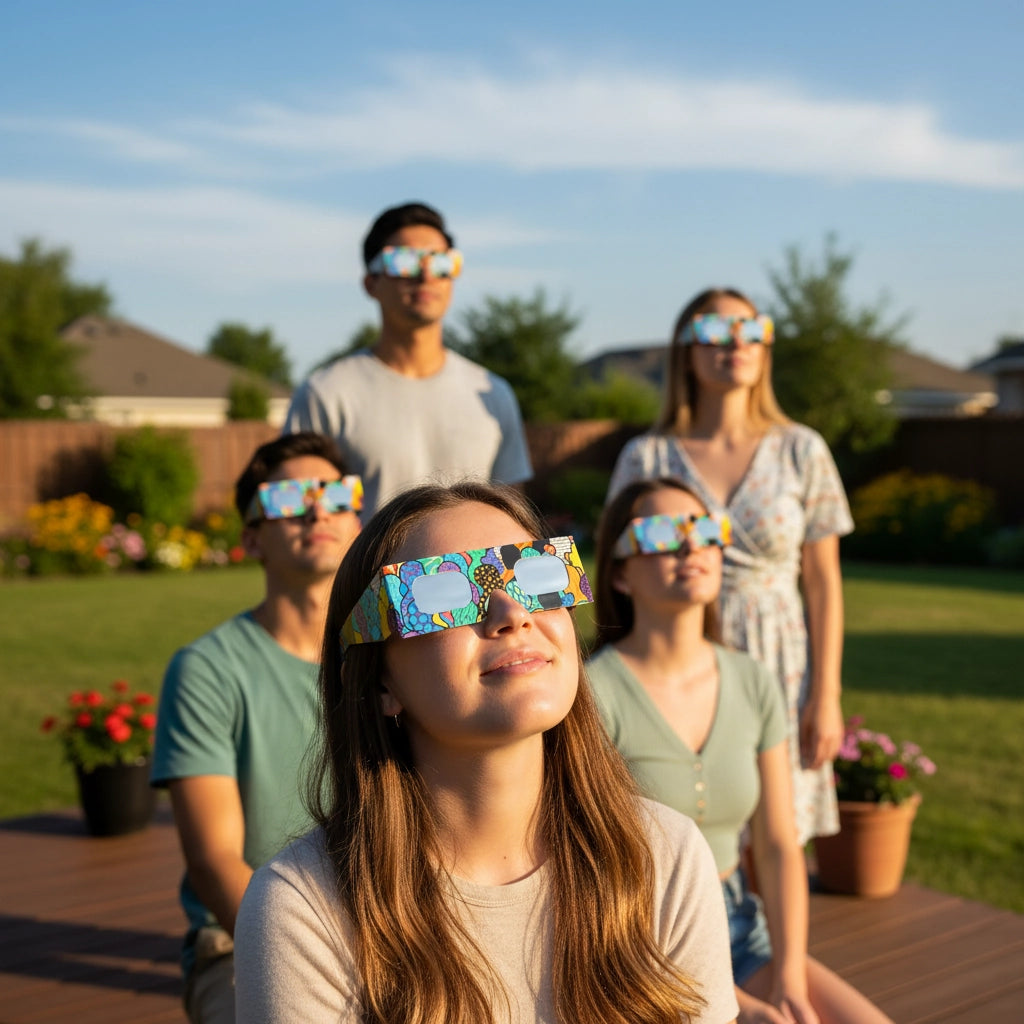 A small group of four friends enjoying a sunny backyard, safely wearing crowd design eclipse glasses while looking up with awe. ISO 12312-2 compliant.