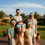 A small group of four friends enjoying a sunny backyard, safely wearing crowd design eclipse glasses while looking up with awe. ISO 12312-2 compliant.