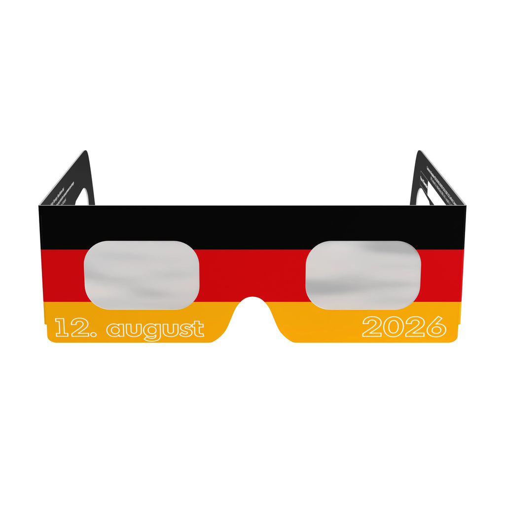 Clean front view of DE solar eclipse glasses, showcasing the design and quality. ISO 12312-2 certified.