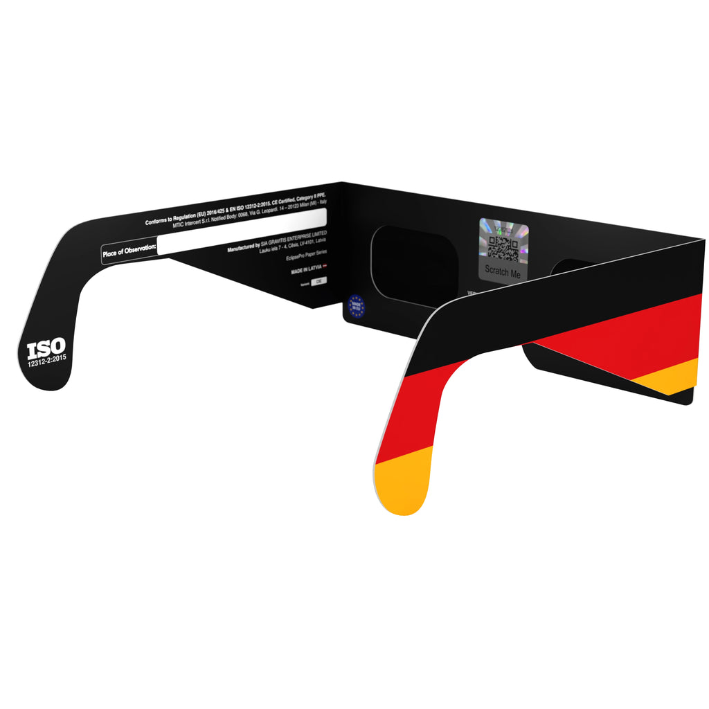 Back-side angle view of DE glasses with QR authenticity sticker visible, showcasing the design.