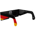 Vista en ángulo lateral trasero de las gafas DE mostrando la pegatina QR de autenticidad y el diseño de calidad.
