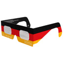 Vista en ángulo frontal principal de las gafas para eclipse solar diseño DE, destacando las lentes planas y las características de seguridad.
