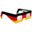 Vista en ángulo de 45 grados de las gafas para eclipse solar diseño DE, destacando su lente plana y calidad. Certificadas CE.