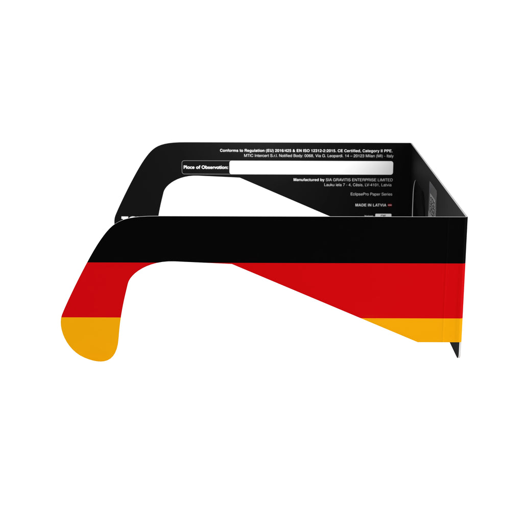 Side profile view of DE solar eclipse glasses, emphasizing the sleek design and safety features.