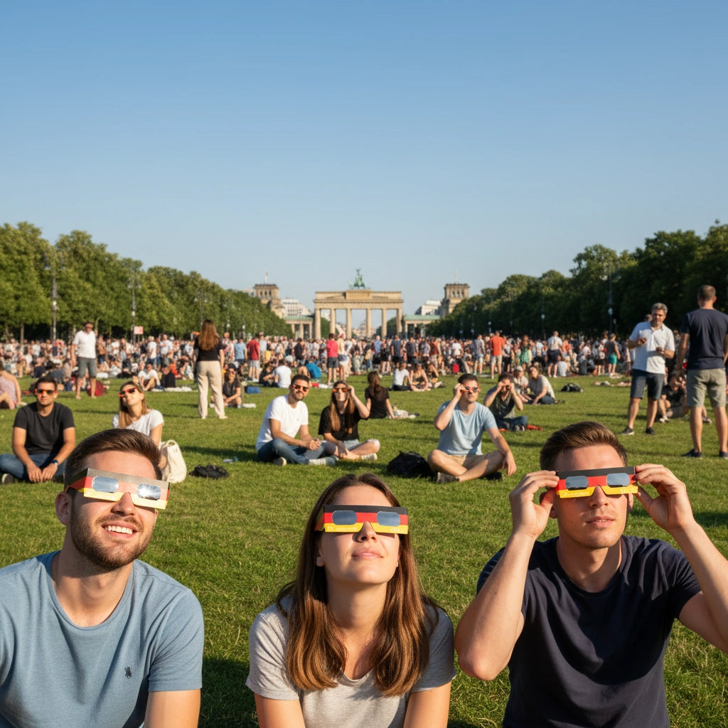 A large crowd in a German park gathering for a viewing event, all wearing DE design glasses, excited for the August 12, 2026 eclipse.