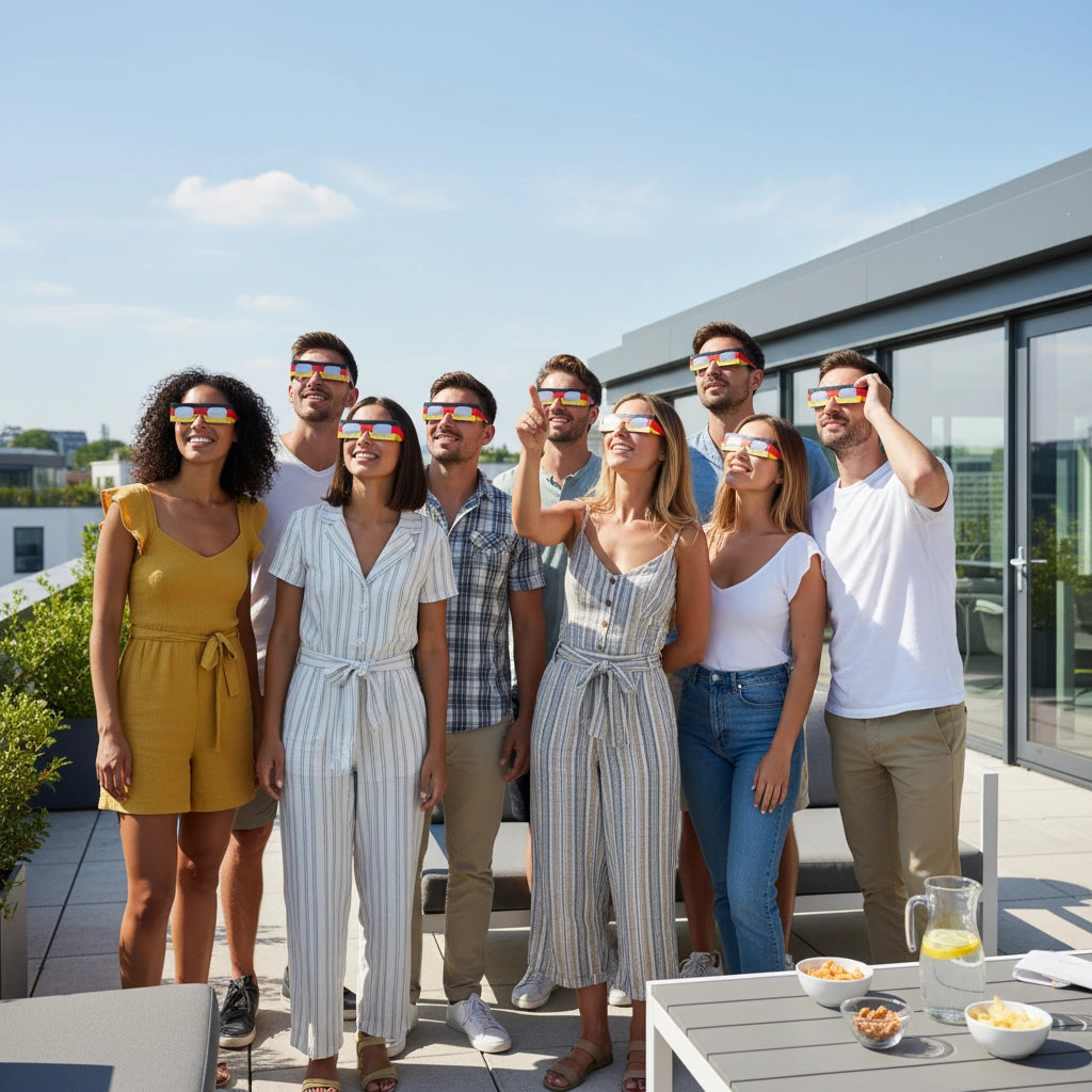 Friends on a rooftop terrace in Germany, wearing DE design glasses and gazing up in excitement, preparing for the summer 2026 eclipse.