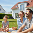 Una familia feliz reunida en un jardín alemán, todos con gafas DE, mirando al cielo a la espera del eclipse del 12 de agosto de 2026.