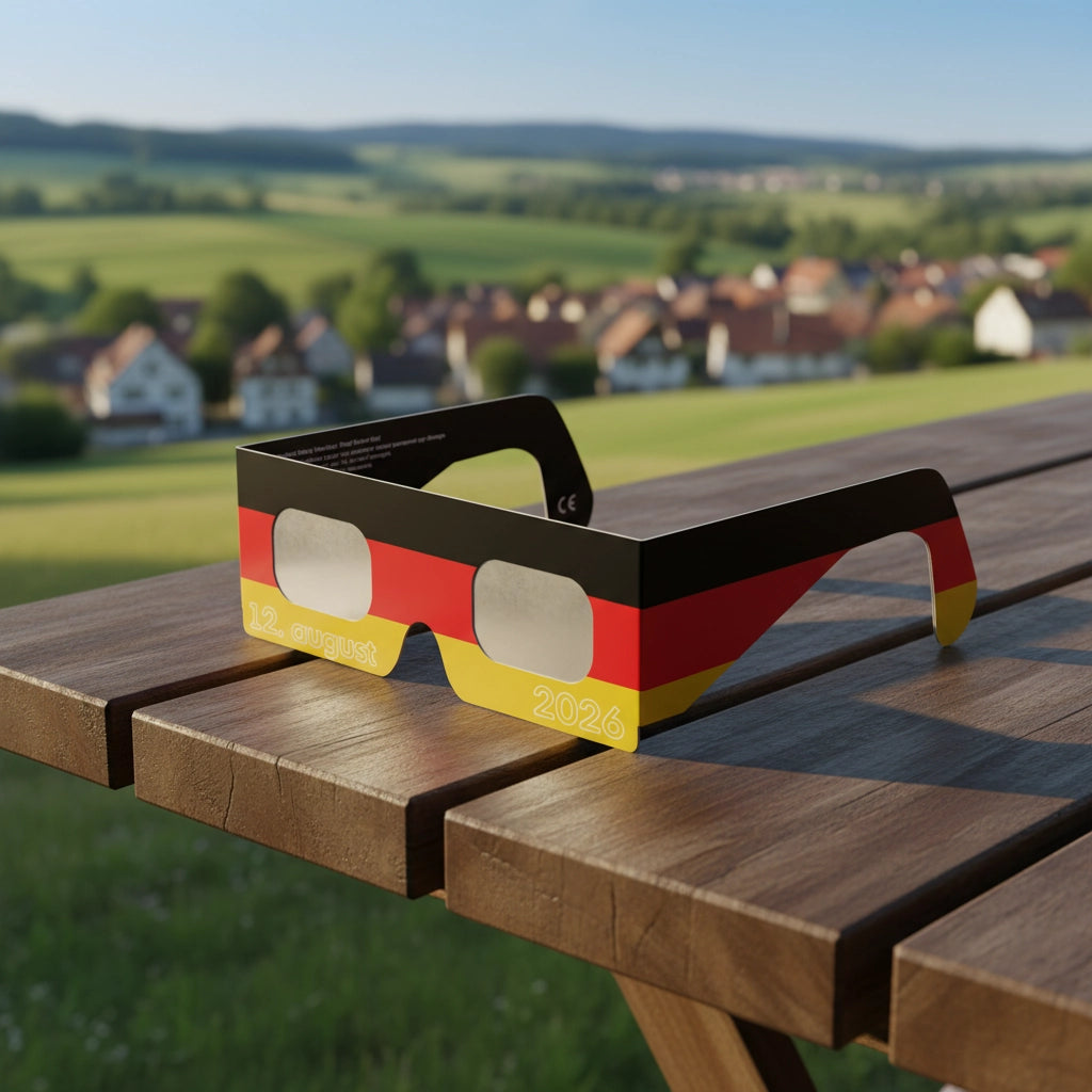 Showcasing DE design solar eclipse glasses on a rustic wooden table, perfect for the August 12, 2026 viewing. CE certified.