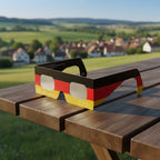 Showcasing DE design solar eclipse glasses on a rustic wooden table, perfect for the August 12, 2026 viewing. CE certified.