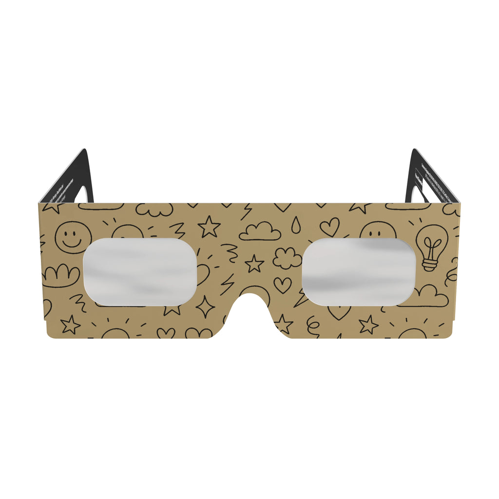 Front view of Doodle design solar eclipse glasses, showing playful hand-drawn art and quality construction.