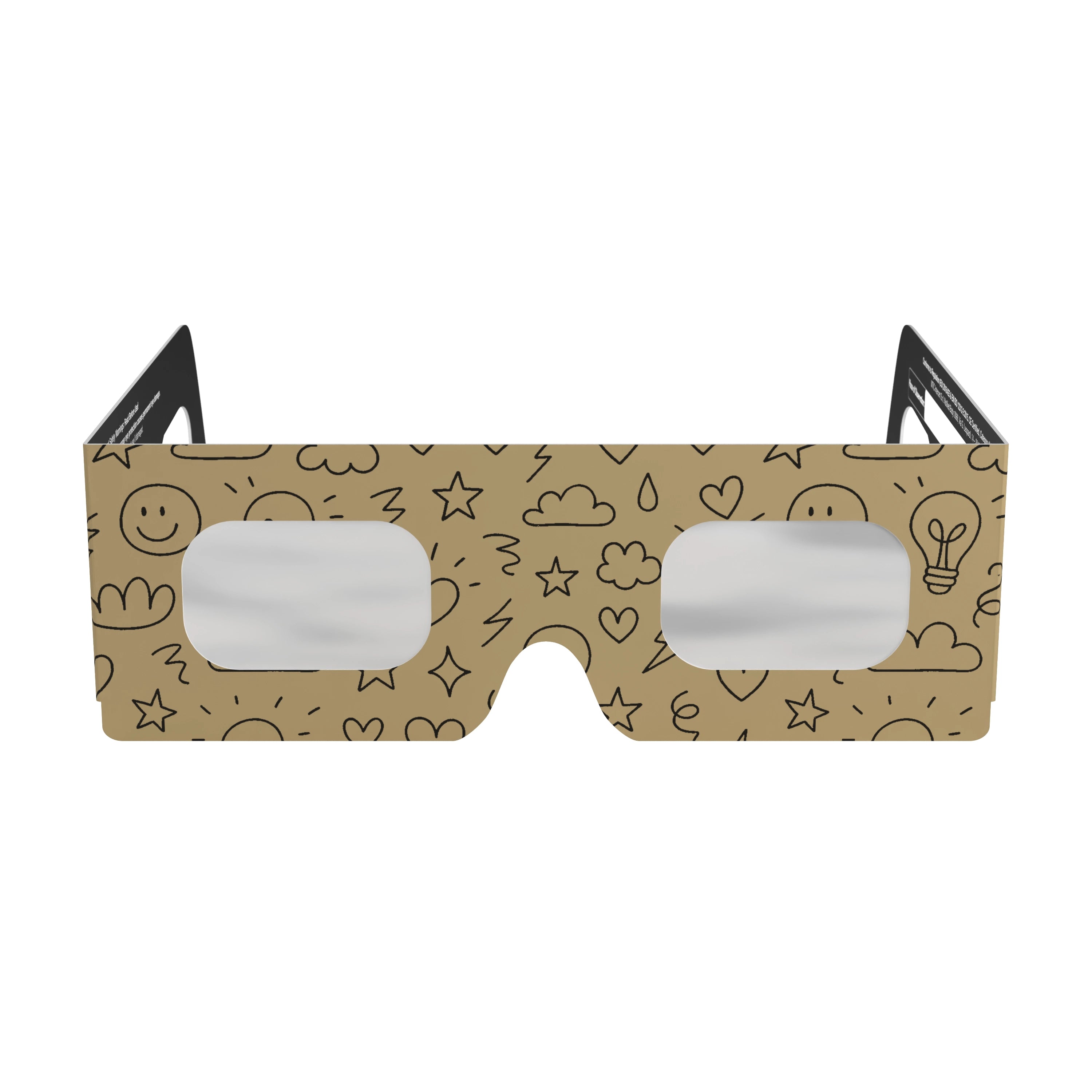 Front view of Doodle design solar eclipse glasses, showing playful hand-drawn art and quality construction.