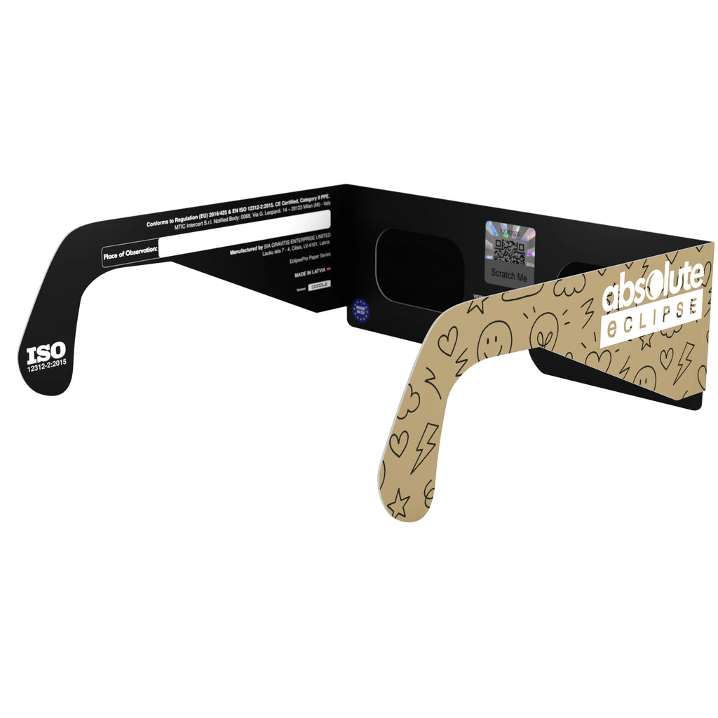 Back-side angle view of Doodle solar eclipse glasses with QR sticker visible, emphasizing playful doodle art.