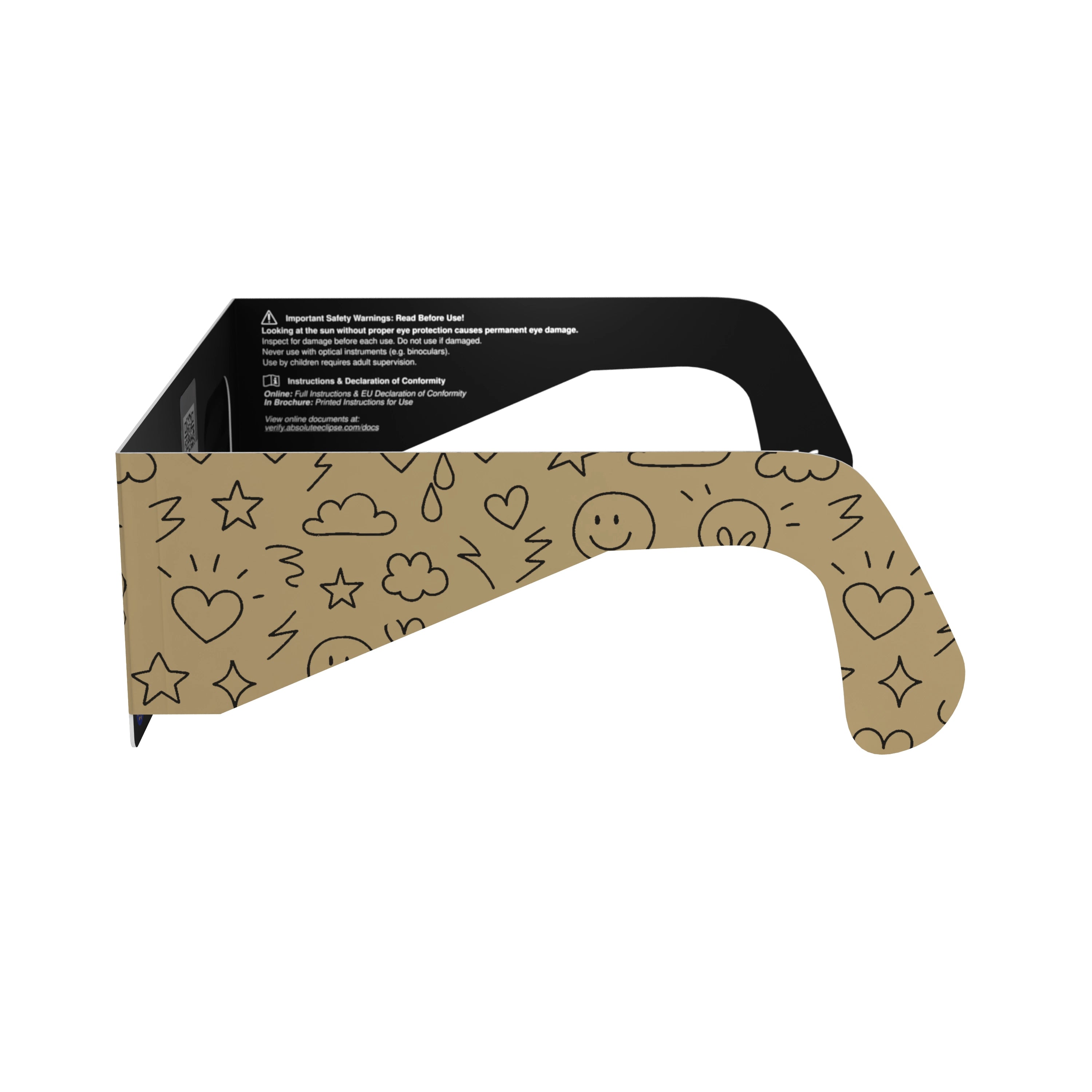 Side alternate profile view of Doodle design solar eclipse glasses, showcasing its artistic doodle design.