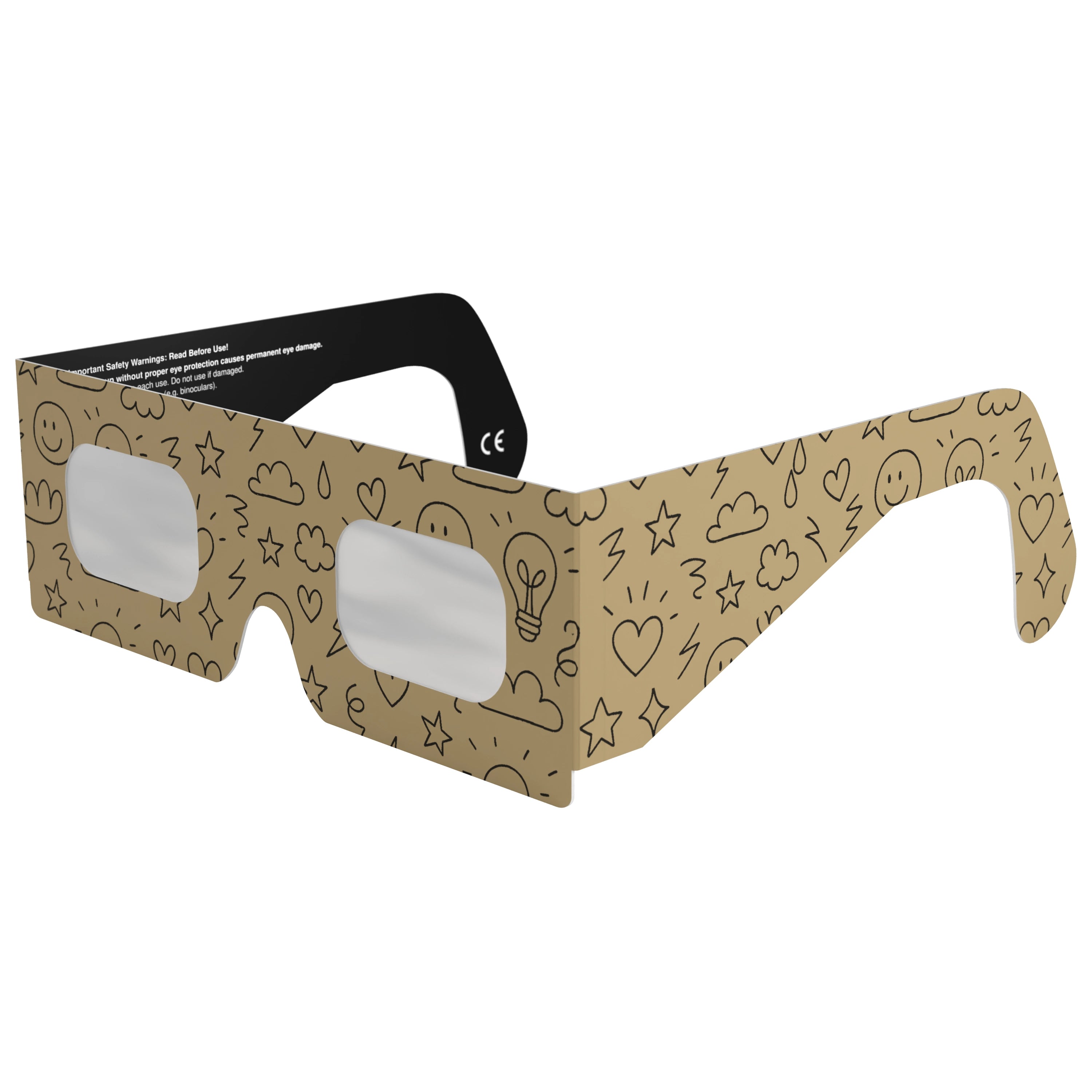 Front-side main angle view of Doodle solar eclipse glasses, highlighting their creative hand-drawn design.