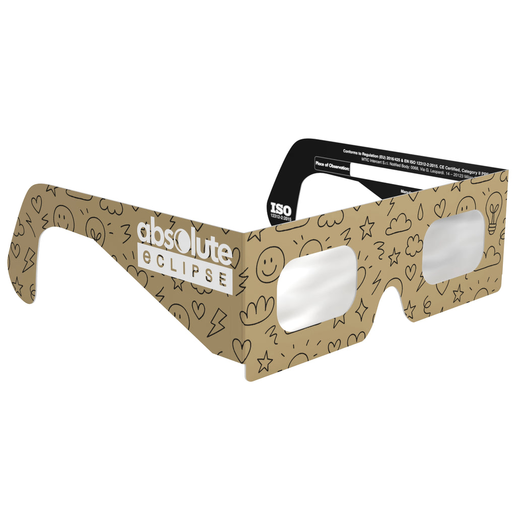 45-degree angle view of Doodle solar eclipse glasses, highlighting the artistic doodle design and safety features.