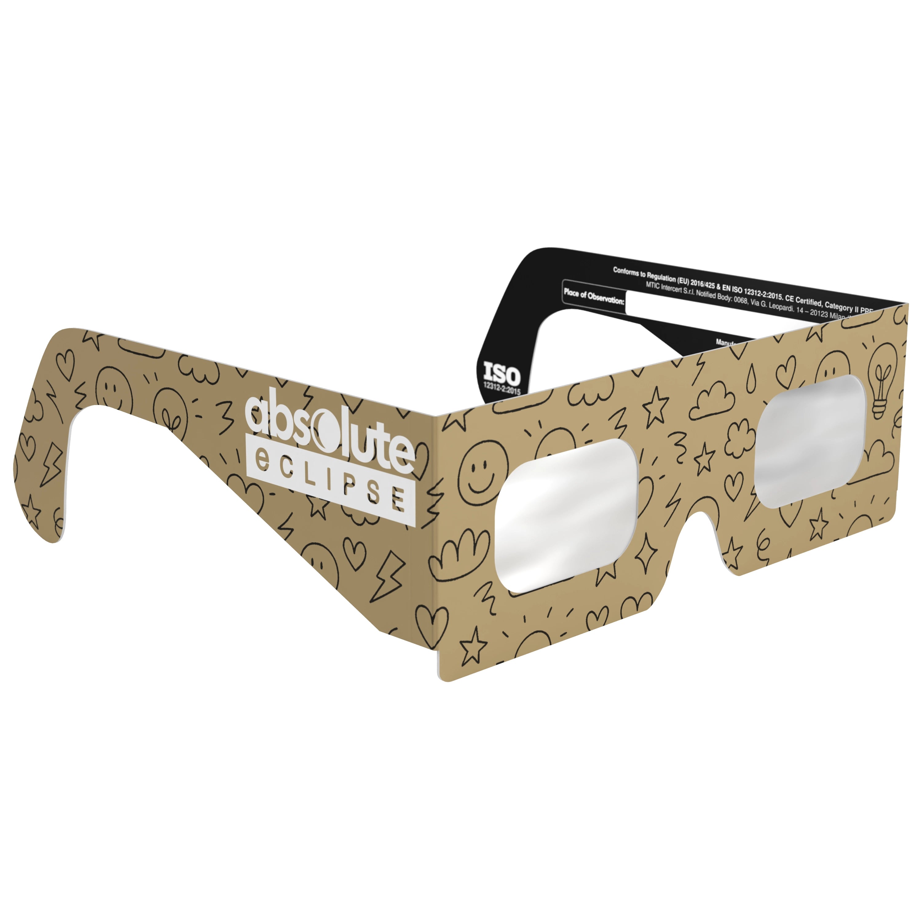 45-degree angle view of Doodle solar eclipse glasses, highlighting the artistic doodle design and safety features.