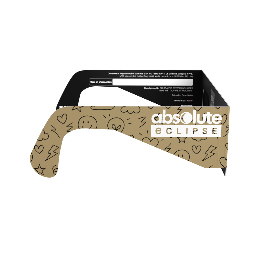 Side profile view of Doodle design solar eclipse glasses, showcasing its unique hand-drawn art and flat lenses.