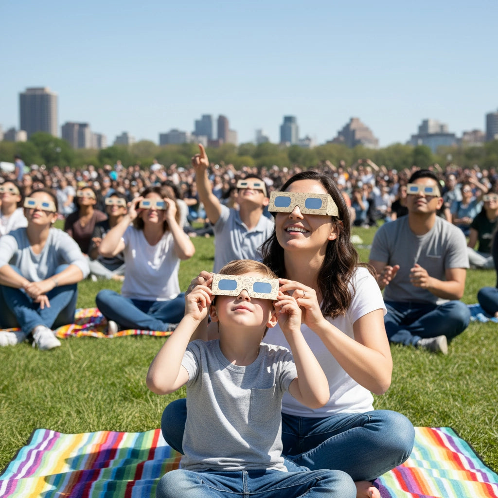 A mother helping her child with Doodle eclipse glasses at a community event, both gazing up in wonder, ISO 12312-2 compliant.