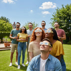 Diverse group of friends enjoying a sunny backyard party, all wearing Doodle eclipse glasses and gazing at the sky.