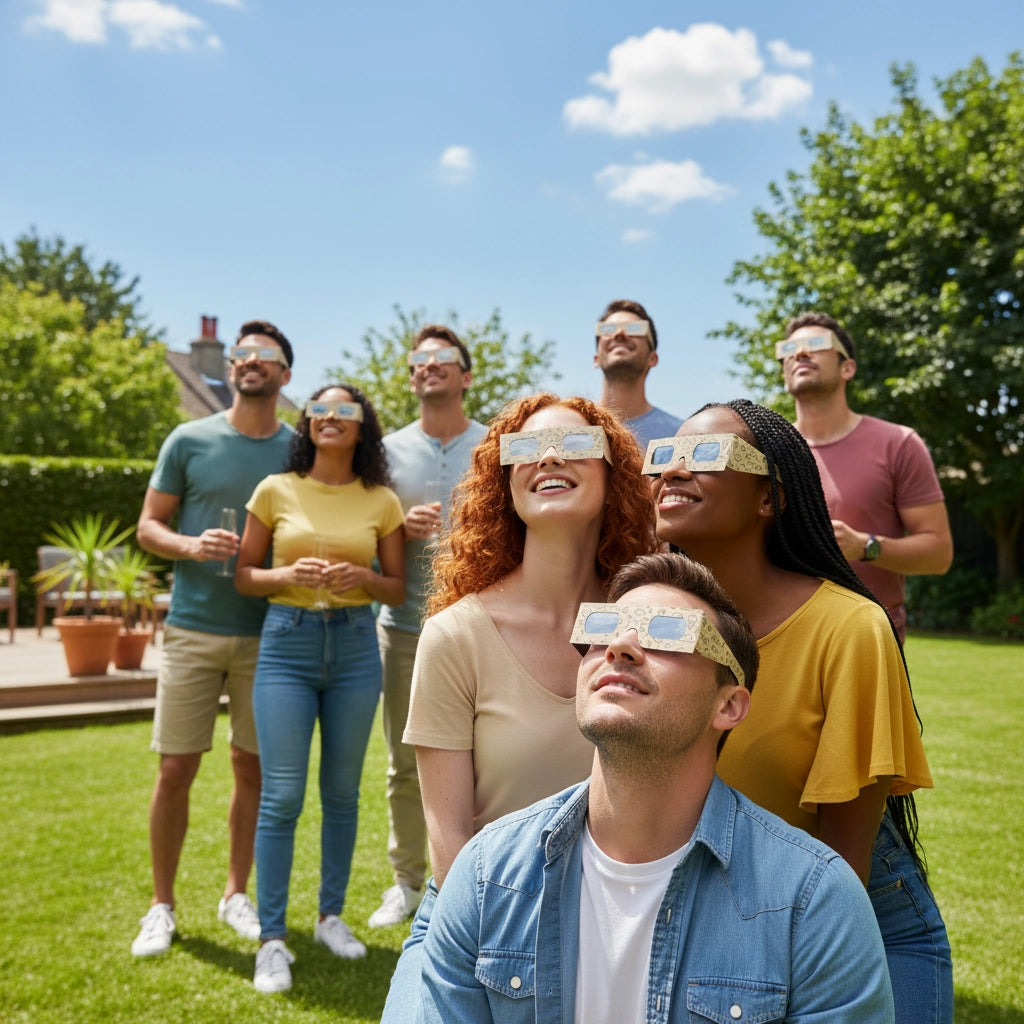 Diverse group of friends enjoying a sunny backyard party, all wearing Doodle eclipse glasses and gazing at the sky.