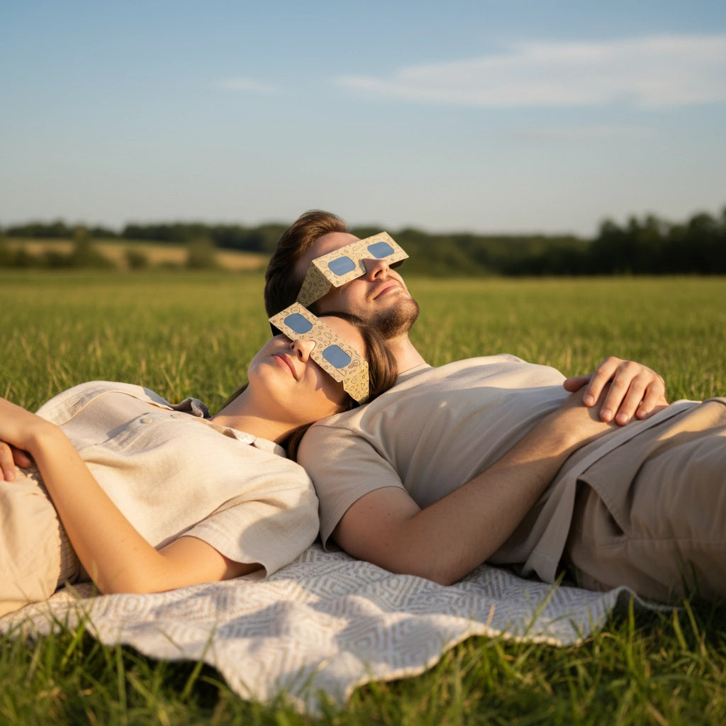 A young couple lying on a blanket in a meadow, wearing Doodle eclipse glasses and sharing a joyful moment, CE certified.