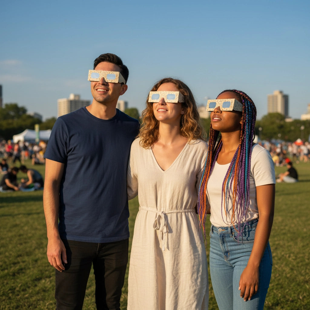 Three friends at an arts festival, wearing Doodle design eclipse glasses and looking up in awe, safe for viewing.