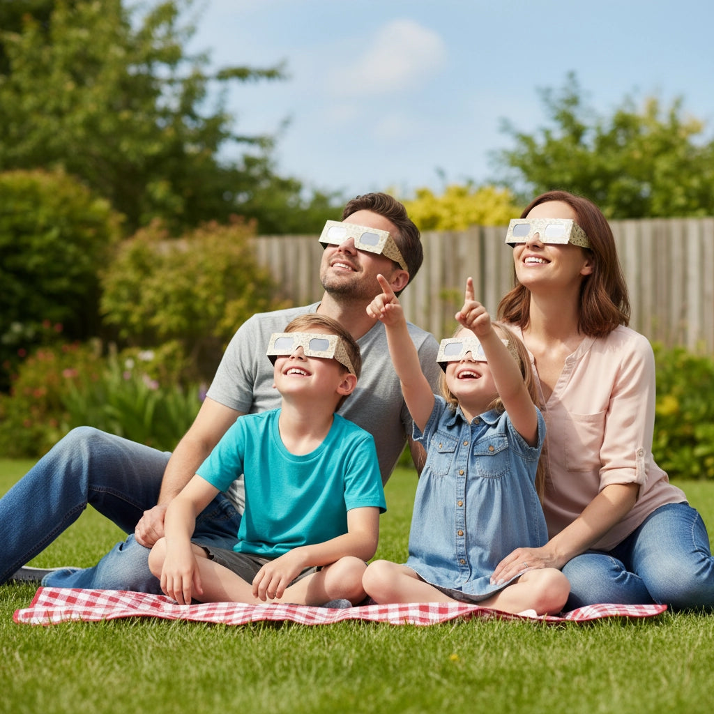 Family of four on a picnic blanket, all wearing Doodle solar eclipse glasses while looking up at the sky, CE certified.