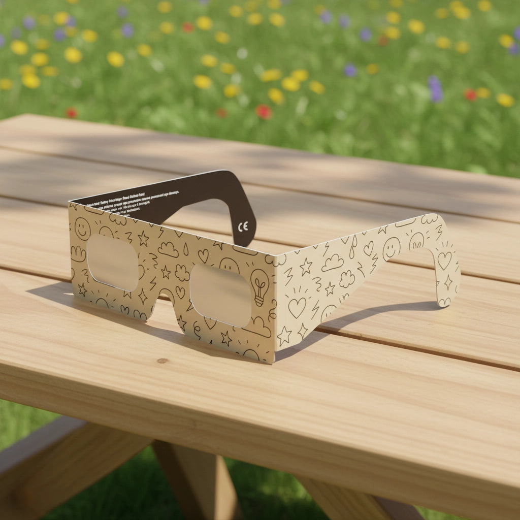 Showcase of Doodle design solar eclipse glasses on a sunlit picnic table in a park, CE certified for safety.